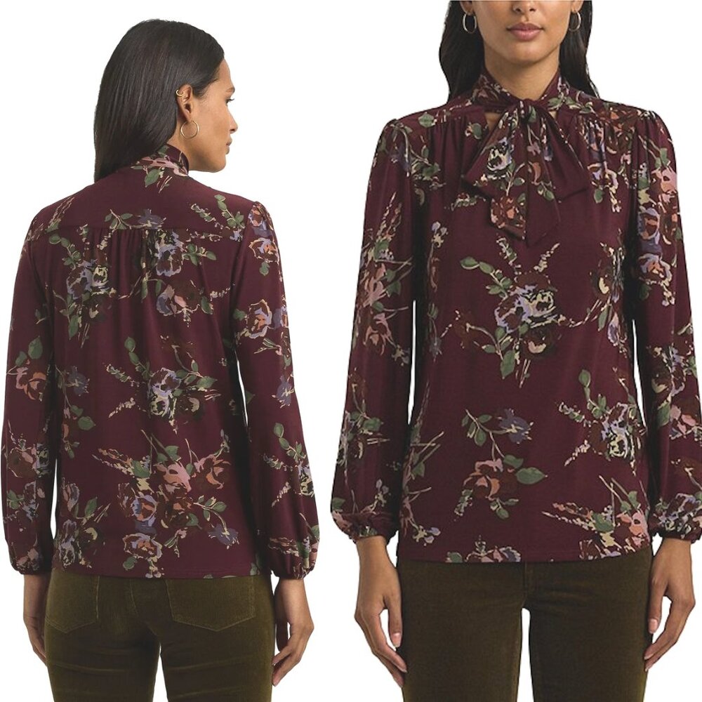 New Lauren Ralph Lauren Floral Stretch Jersey Tie-Neck Long Sleeve Blouse Sz XL - Picture 9 of 16